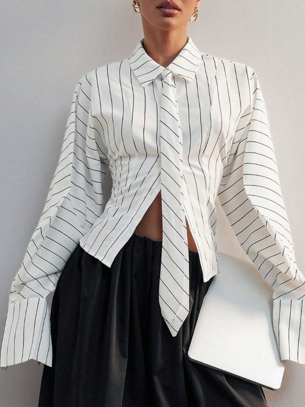 Black And White Casual Women's Classic Striped Lapel Long Sleeve Tie Neck Blouse